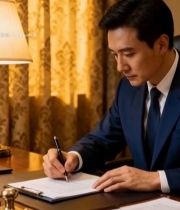  商务人士办公桌前书写文件3460#竖屏 	 