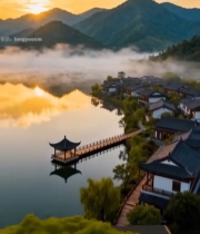  山水间中式建筑晨曦美景346#竖屏 	 