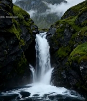  山间瀑布与云雾缭绕山峰3714#竖屏 	 