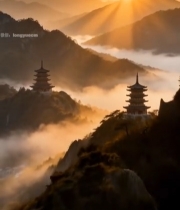  山间日出古塔自然风光1497#竖屏 	 