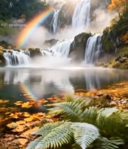  山间瀑布与彩虹自然风光7432#竖屏 	 