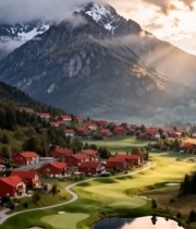  山间红顶村落与高尔夫球场风景4298#竖屏 	 