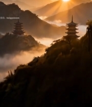  山间古塔日出风景2286#竖屏 	 