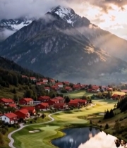  山间红顶村落与高尔夫球场风景(1)6091#竖屏 	 