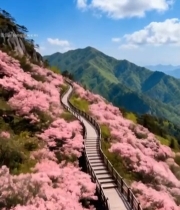  山间粉色花丛中的木质步道3348#竖屏 	 