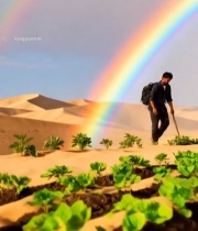  沙漠中男子持杖行走遇彩虹1573#竖屏 	 