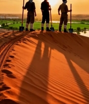  沙漠中持铲站立的三人4659#竖屏 	 