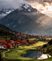  山间高尔夫球场与红顶村落风景2742#竖屏 	 