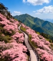  山间粉色花丛中的木质步道3348#竖屏 	 