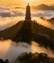  山顶古塔云海日出景观3941#竖屏 	 