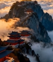  山顶金佛与山间古建筑风景1041#竖屏 	 