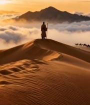  沙漠行者与驼队日落景象2936#竖屏 	 