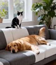  沙发上猫咪安睡与金毛静望4759#竖屏 	 