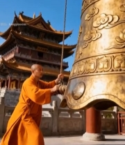  僧人寺庙内撞钟场景6959#竖屏 	 