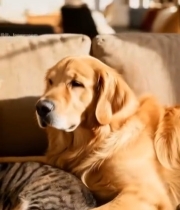  沙发上的猫咪与金毛犬1529#竖屏 	 