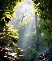  森林中阳光穿透树叶景象2876#竖屏 	 