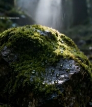  森林中带水珠的苔藓覆盖岩石(1)5951#竖屏 	 