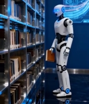  机器人在图书馆书架前取书951#竖屏 	 