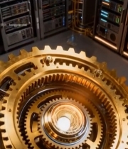  机房内大型金色齿轮特写2506#竖屏 	 