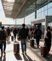  机场旅客拖着行李箱行走2932#竖屏 	 