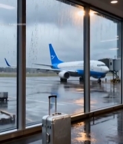  机场候机厅透过玻璃看雨中飞机3135#竖屏 	 