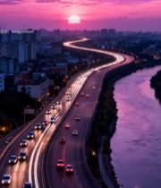  黄昏城市道路车流景观2034#竖屏 	 