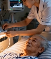  护士照料病床上的老年患者2595#竖屏 	 