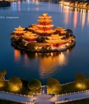  湖心古建筑夜景航拍(1)7179#竖屏 	 