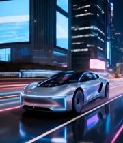  赛博朋克风城市夜景中的跑车4593#竖屏 	 