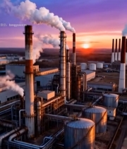  日落时工厂烟囱与储油罐景观4734#竖屏 	 