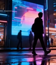  赛博夜景中行人踩水画面2005#竖屏 	 