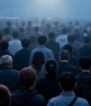  人群在雾中聚集的场景6022#竖屏 	 