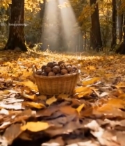  秋日森林中篮子里的核桃1533#竖屏 	 