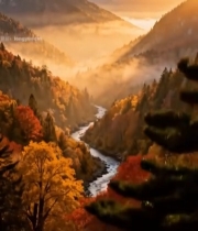  秋日山谷河流雪山自然风光1016#竖屏 	 