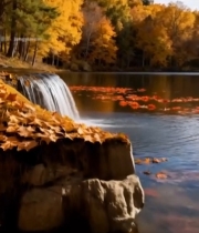  秋季湖边瀑布自然风光(1)5156#竖屏 	 