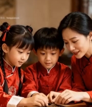  亲子穿汉服共同制作传统物件6116#竖屏 	 