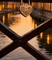  桥上心形锁与河畔黄昏景象5783#竖屏 	 