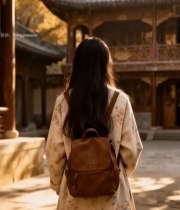  女子于古建庭院赏秋景5954#竖屏 	 