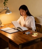  女子室内桌前阅读书籍5626#竖屏 	 