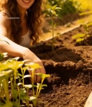  女子于农田旁微笑与植物合影4842#竖屏 	 