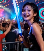  女子手持荧光棒于夜场中微笑6114#竖屏 	 