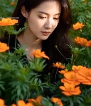  女子于花丛中低眸特写5089#竖屏 	 