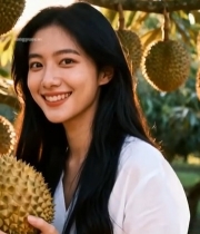  女子手持榴莲站在榴莲树旁630#竖屏 	 