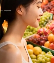  女子在水果摊前微笑特写5377#竖屏 	 
