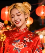  女子穿旗袍持挂件于灯笼夜市6662#竖屏 	 