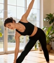  女性室内瑜伽伸展动作画面4375#竖屏 	 