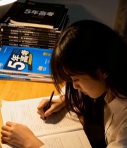  女生桌前专注书写学习素材5523#竖屏 	 