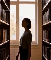  女孩在图书馆过道逆光背影4343#竖屏 	 