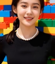  女孩于积木墙前微笑特写7539#竖屏 	 