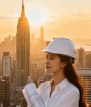  女工程师持图纸眺望城市2264#竖屏 	 